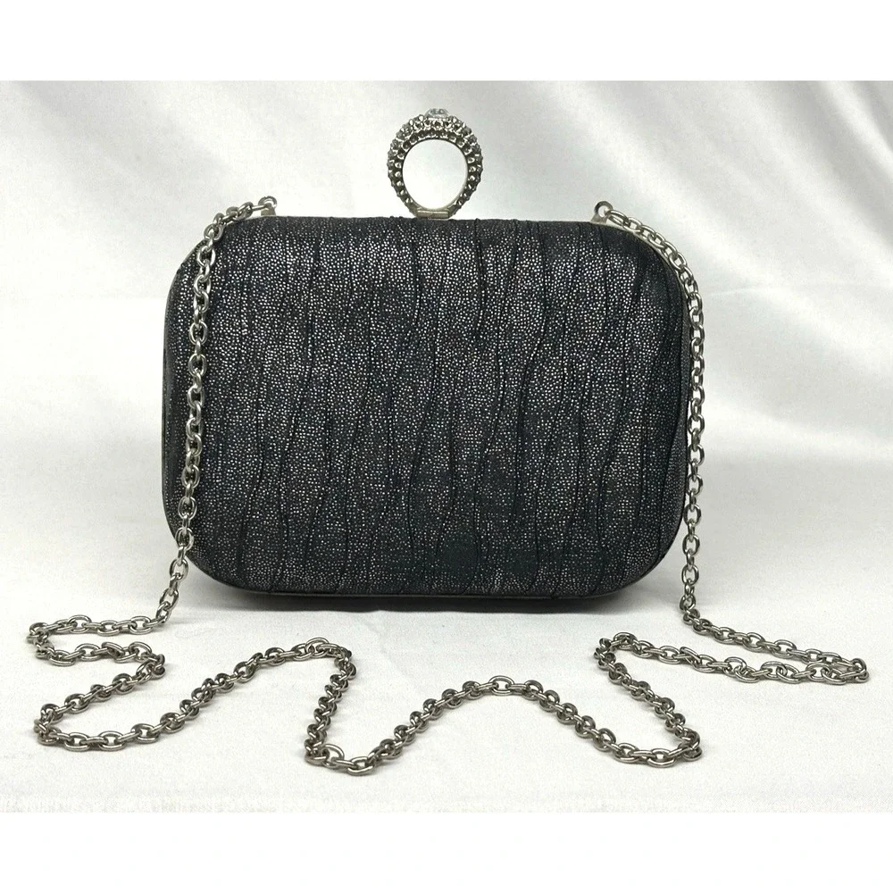 Sparkly Clutch Purse Faux Rhinestone Ring Closure Silver Chain Shoulder Strap‎